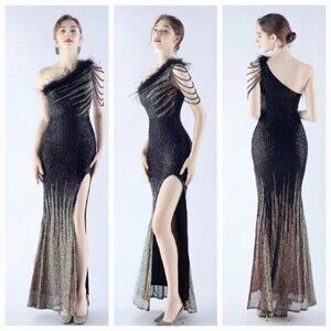 Black, One Shoulder Beaded, Gradient ,  Feather Neckline,  Sequined Mermaid Gown